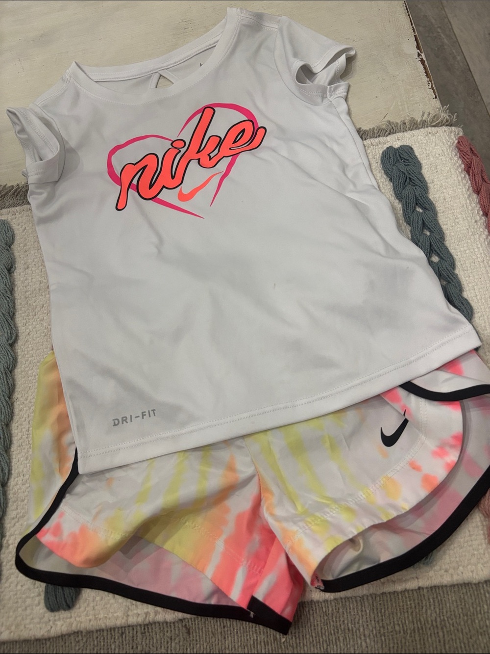 Nike White Tank Top with Neon Pink Script & Kids Tie-Dye Shorts